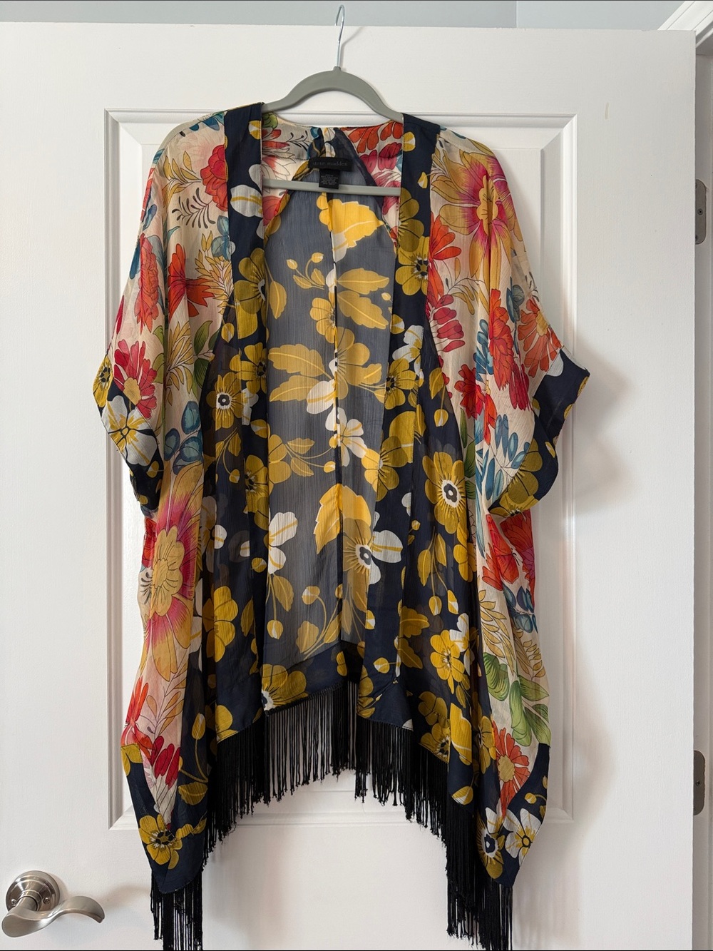 Steve Madden Sheer Floral Fringe Kimono in Yellow, Black and Multicolor
